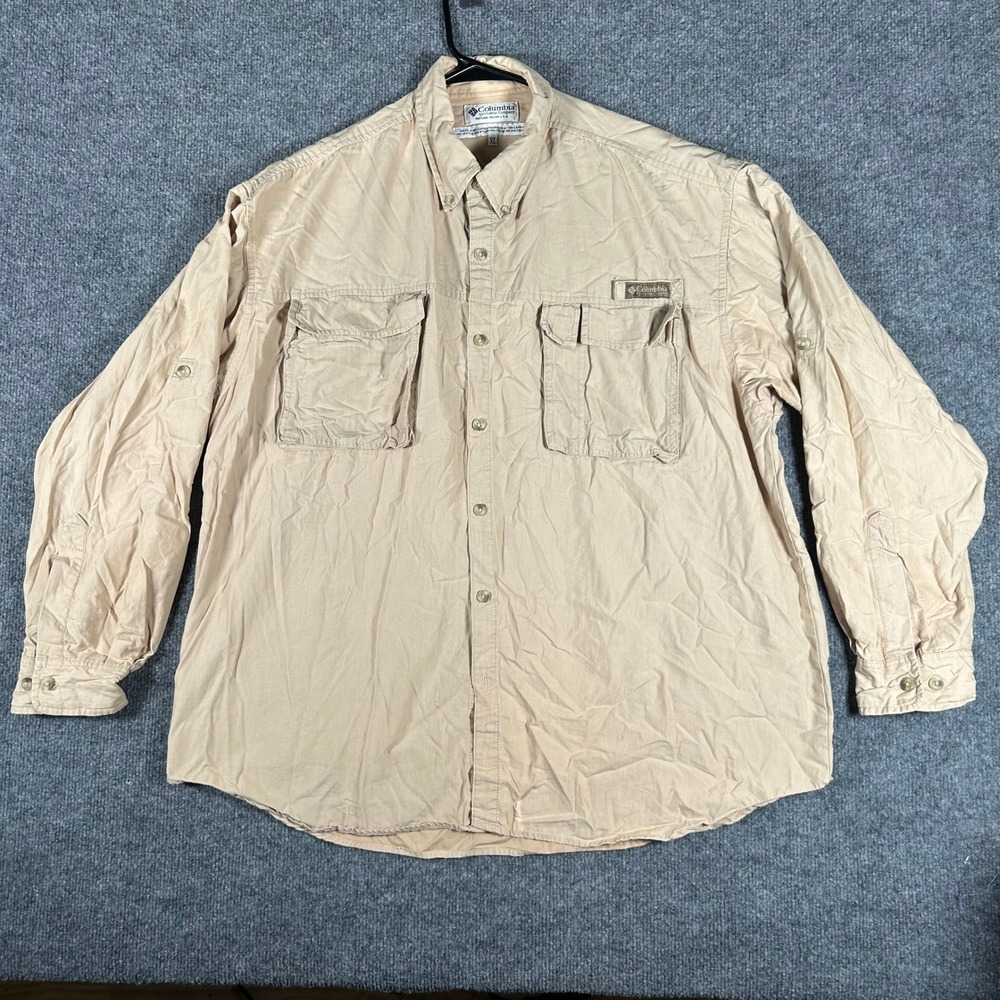Columbia Button Down Mens XL Tan Khaki Cotton Blend Long Sleeve Fishing Shirt